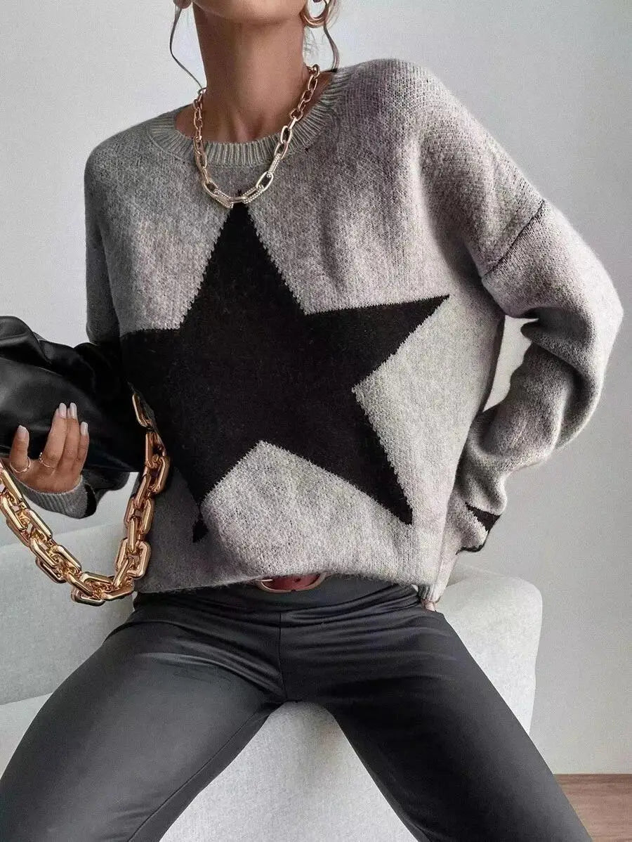Star Sweater Pullover Women Autumn Spring Simple Knit Elastic Pullovers Jumper Casual Thick Warm Black White Basic Jumpers