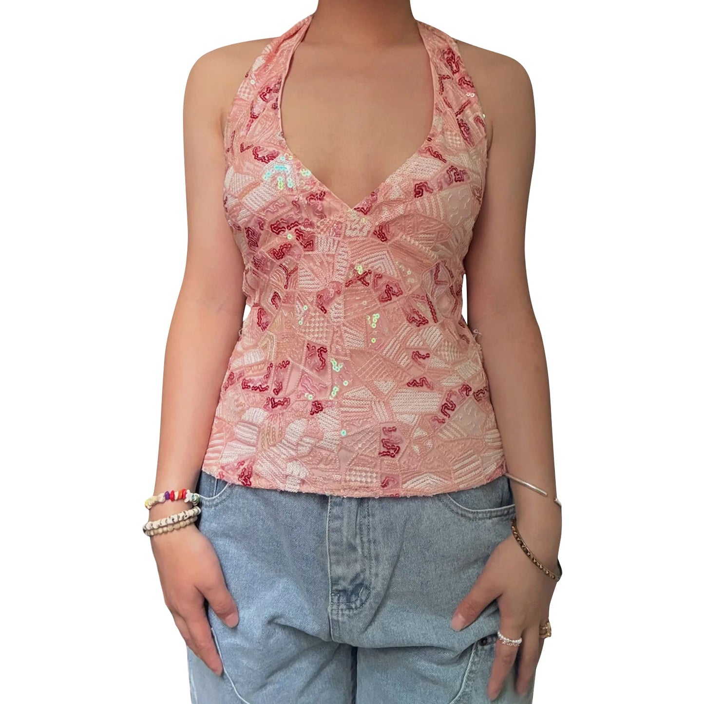 Sexy Deep V Neck Beach Tank Tops Women y2k Coquette Summer Sequins Patchwork Sleeveless Vest Vacation Backless Beach Tops