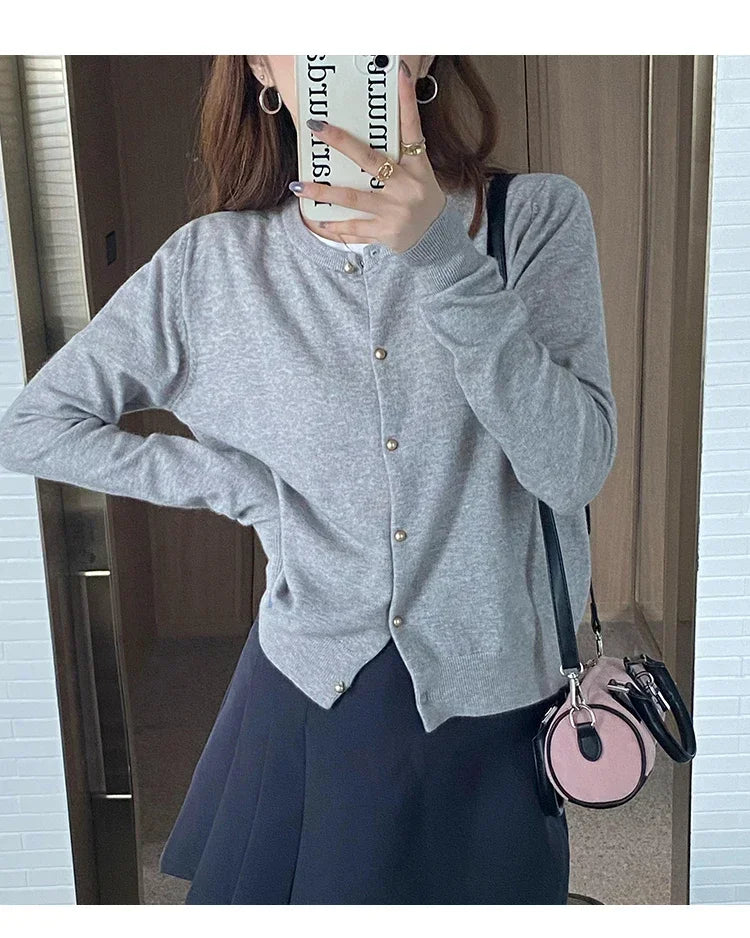 Solid Color Knitted for Women Cardigan Korean Single Breasted Long Sleeve Jumper Woman Round Neck All Match Cardigans Outwear