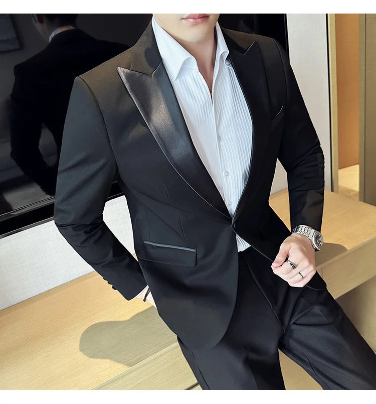 ( Jacket + Vest + Pants ) High-end Brand Boutique Fashion Men's Casual Business Black Smoking Suit Groom Wedding Dress Tuxedo