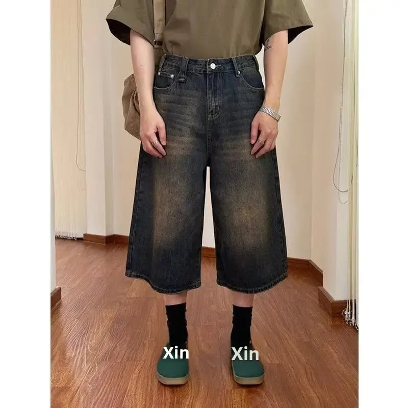 Retro Hong Kong Style Men's Loose Wide Leg Jeans Shorts Hip Hop Style Summer New Slimming Seven-Point Pants Trendy Casual Shorts