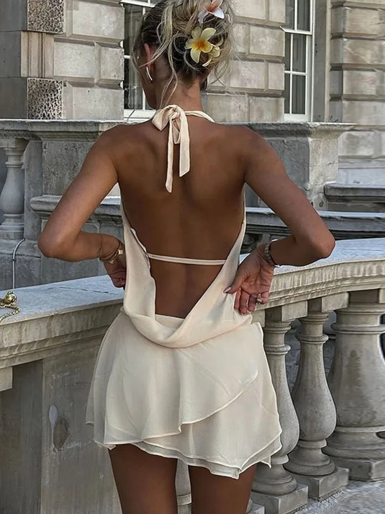 TSDFC Vintage Dress Women Fashion Sexy Sleeveless Dresses Solid Slim Backless V Neck Ruffles Mini 2025 New Spring Summer Dress