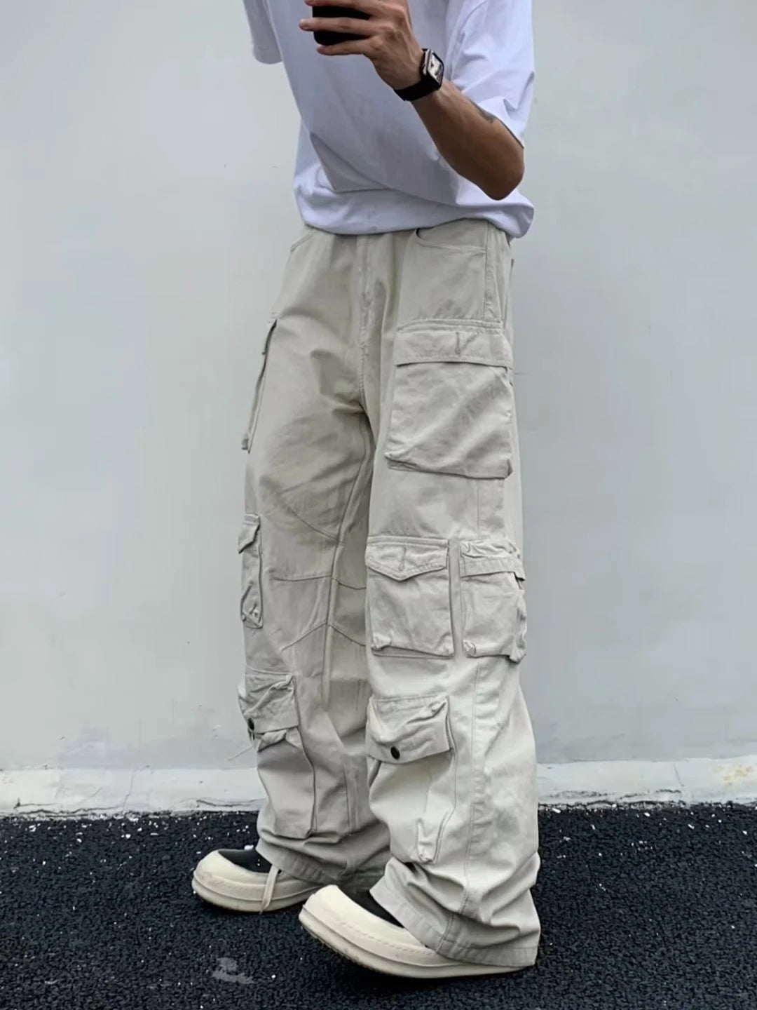 Spring Cargo pants New Popular Rice White Multi-pockets Overalls Harajuku stays Men Loose Casual Trousers Straight Mopping Pants