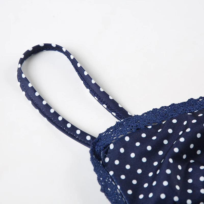 Darlingaga Fashion Polk Dot Printed Mini Camisole Women's Lace Patchwork Spaghetti Strap Summer Beach Cropped Tops Backless Y2K