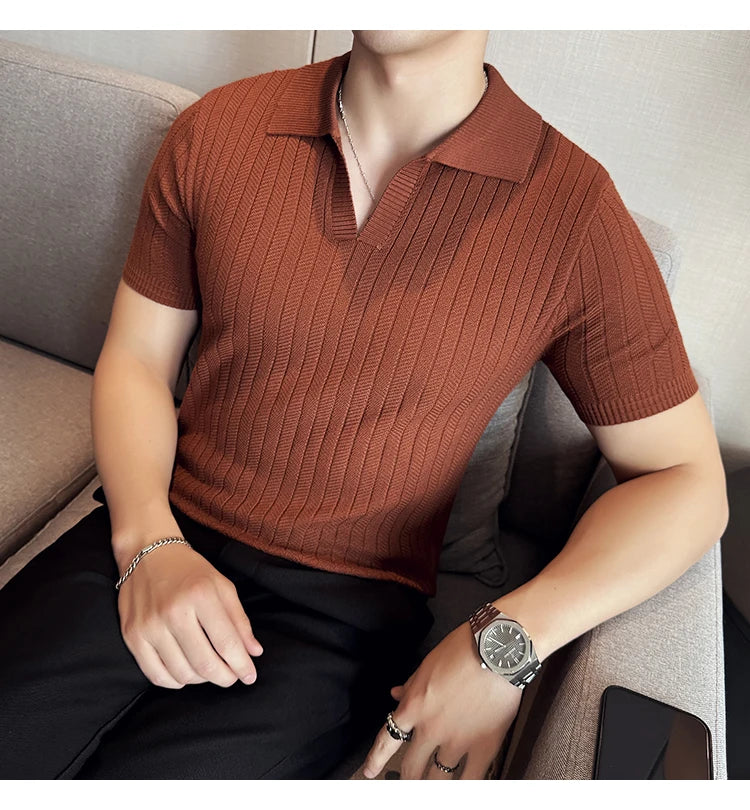 Men Striped Polo Shirt 2025 Summer Light Thin Breathable Solid Casual Elastic Slim Fit Short Sleeved V-neck T-shirt Men Clothing