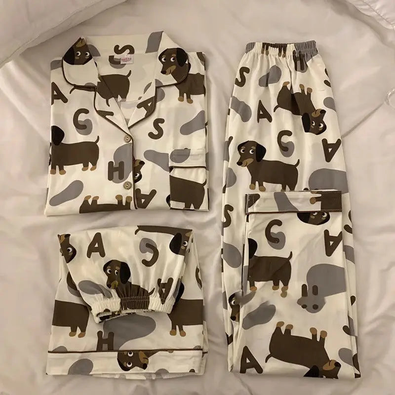 Spring Summer 2024 Cute Women's Pajamas Set Dachshund Print Cotton Two Pieces Short Sleeve Tops Full Length Pants Sleepwear 3991