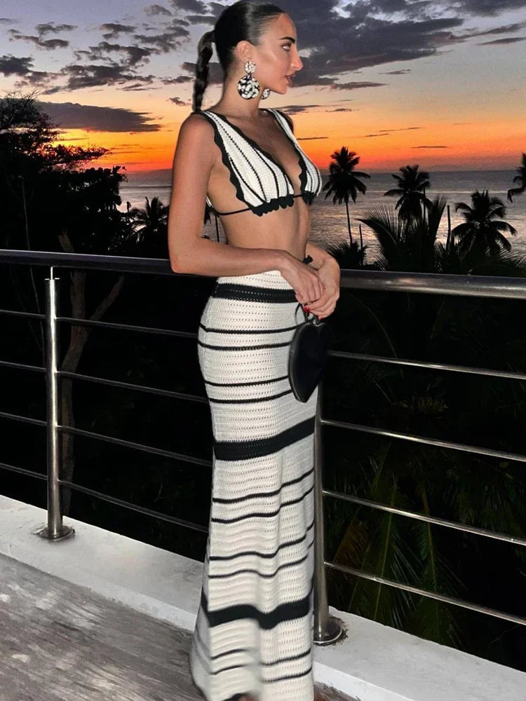 Tossy Knit Striped 2 Piece-Set Long Skirt Female Ruffled V-Neck Casual Beach Holiday Contrast Outfits Knitwear Maxi Skirt Sets