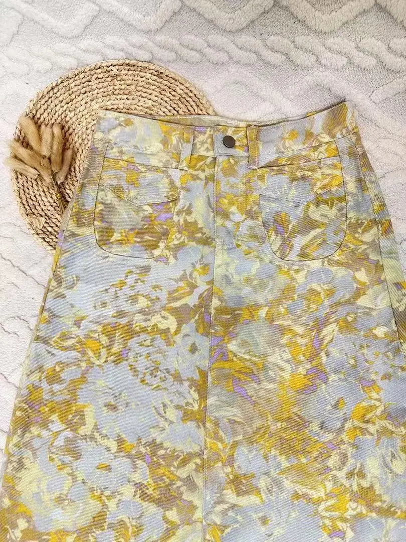 New High Waist 2025 American Retro Plant Flower Print Ladies Commuter Wide-leg Jeans Youthful and Beautiful Out of The Street