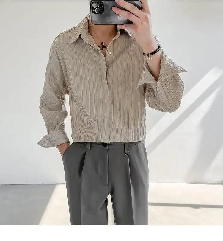 Trendy Stylish Striped No-iron Shirt Autumn Texture Top Korean Version Loose-fit Casual Long Sleeves Shirt For Men