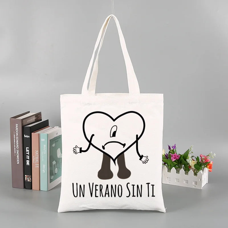 Un Verano Sin Ti Gift Bag Set, Bad Bunny Print Tote Bag, Casual Canvas Shoulder Bag with Mini Storage Bag