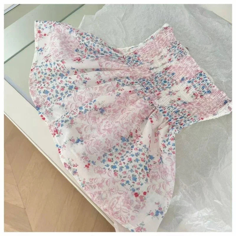 Summer New Sexy Spice French Elegant Ladies Top Lace Patchwork Halter Vest Floral Skirt Design Hollowed-Out Strapless Tops
