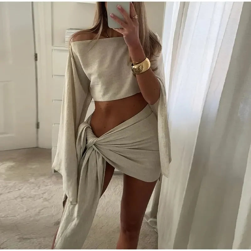 Sexy Solid Pleated Knot Mini Skirts Sets For Women Chic One Shoulder Flared Sleeve Loose Cape Tops Suits 2025 Lady Party Outfits