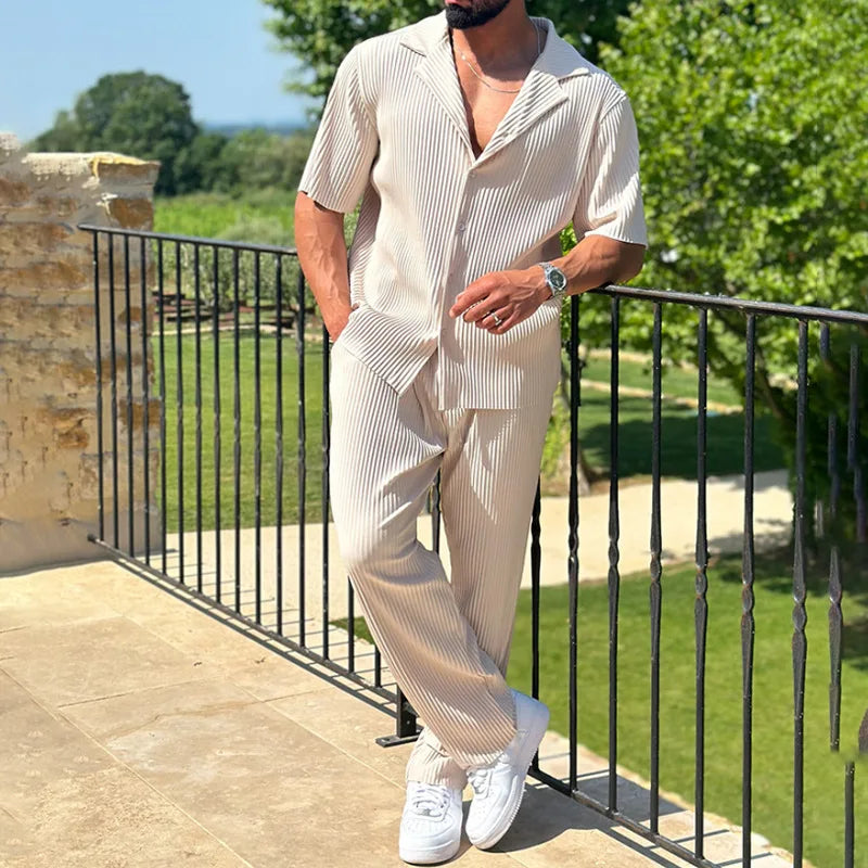 Summer Fashion Casual Loose Men's Button Open Shirt Short Sleeve Pants Set Home Vacation Thin Breathable Quick Drying 2-pie Set