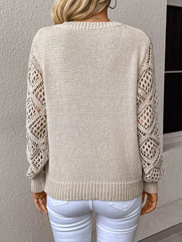 Autumn And Winter Fashion V-neck Pullover Sweater Elegant Women's Casual Hollow Long Sleeve Knitted Solid Color Loose Sweater