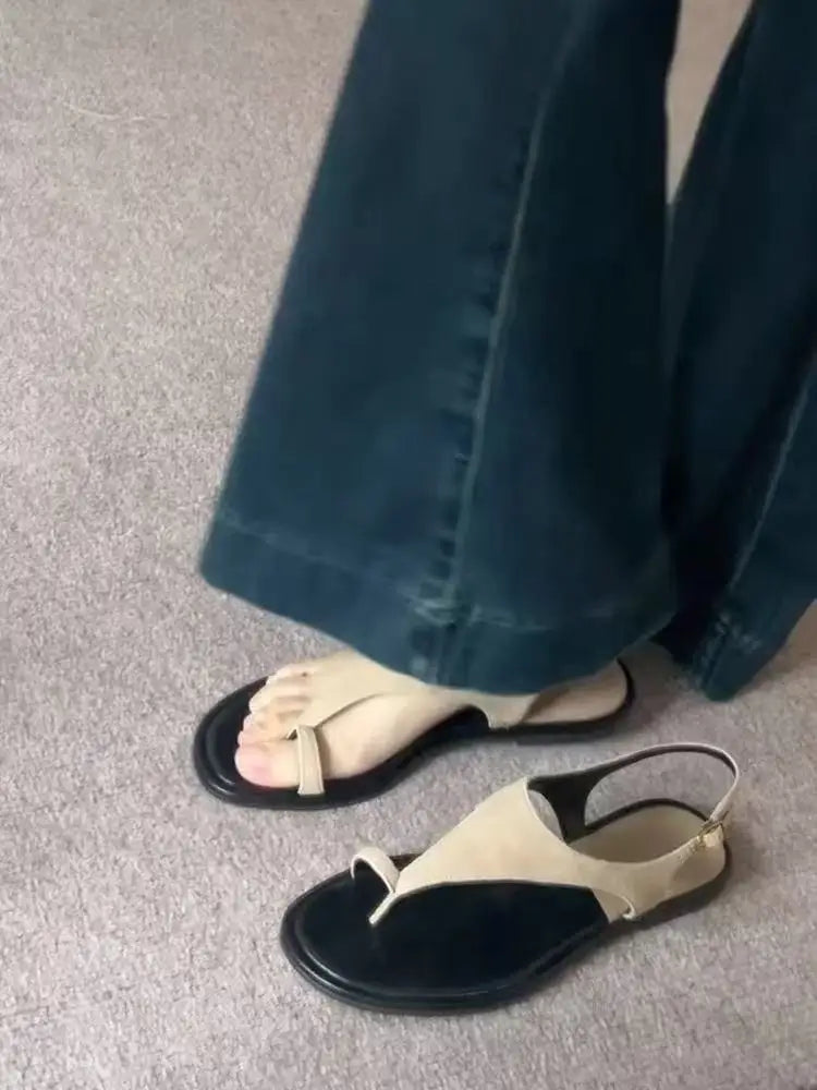 Retro Scrub Leather Sandals Women 2025 New Summer Outside Wear with Skirt Flat Toe Casual Roman Slippers