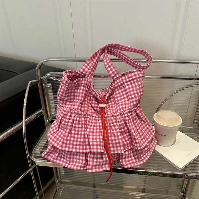 Korean Sle Large Capaci Canvas Tote Bag Blue Plaid Single oulder Skirt Pleated Gown Bag Faionable Casual Handbag