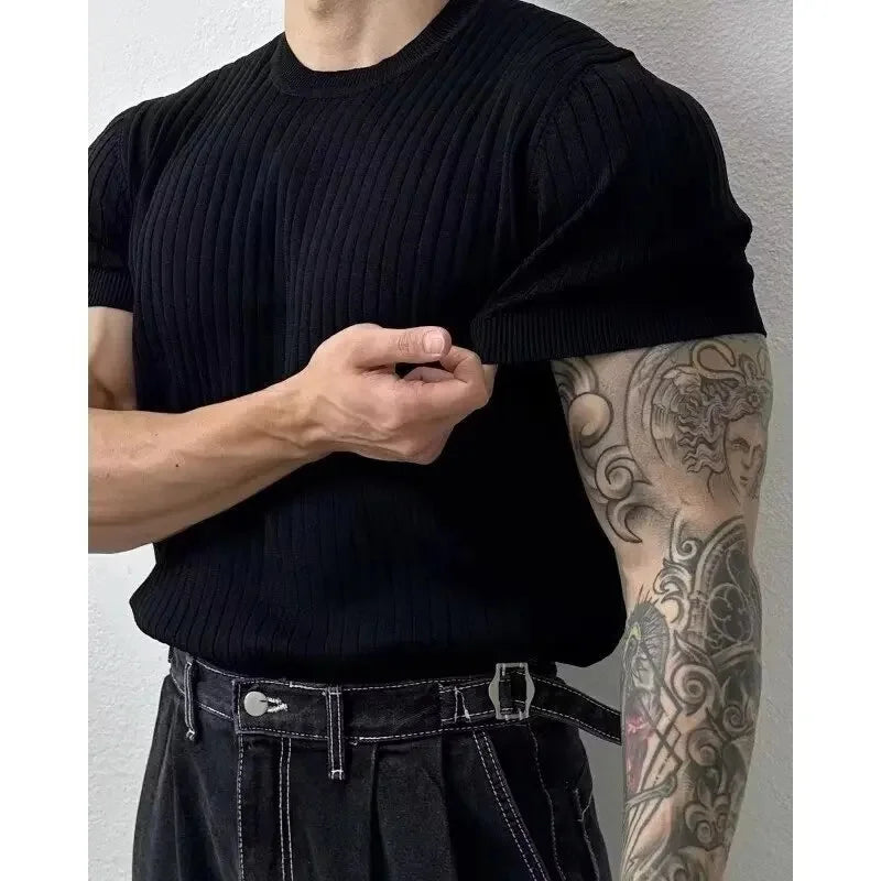 Summer New Light Maturity Knitted Polo Shirt Men's Korean Style Slim Fit Collar Pure Color Casual T-Shirt Cross-Border