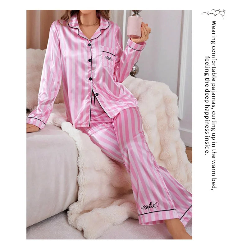 Women Stripe Print Satin Pajama Victoria Autumn Long Sleeve Buttons Lapel Tops & Pants Sleepwear Comfort Relaxed Fit Nightwear
