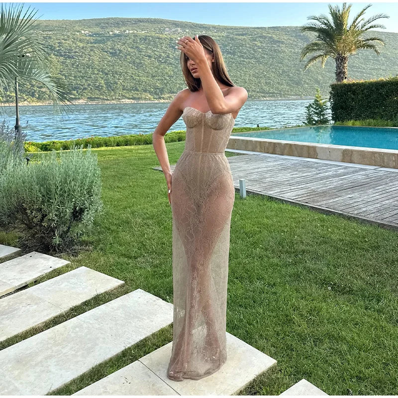 Sexy Fishbone Jumpsuit Lace Skirt Set Women Slim Sleeveless Top Fishtail See Through Long Skirts 2025 Summer Beach Lady Outfits