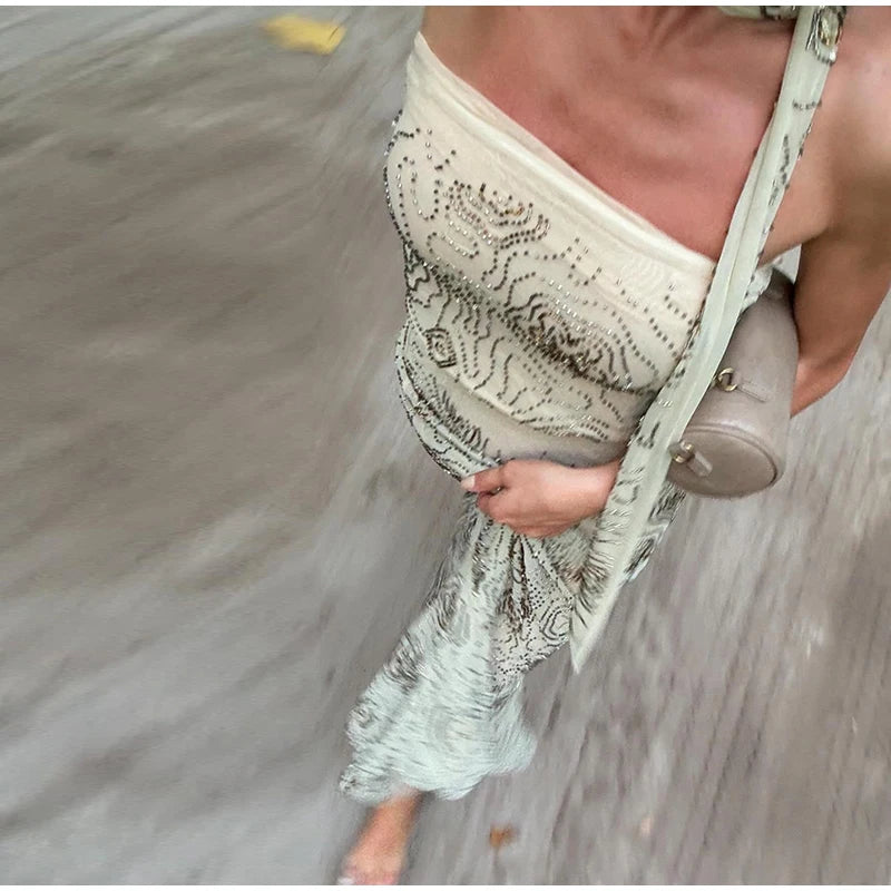 Sexy Beaded Halter Vest Long Skirt Sets Women Slim Backless Cropped Top Mermaid Skirts 2025 Summer Lady Beach Embroidery Outfits