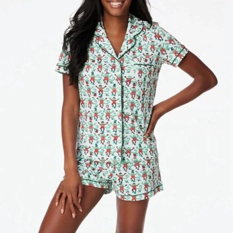 Kawaii Cartoon Print Lounge Pajama Sleepwear Women Short Sleeve Blouse Shirt Top + Shorts Y2K Vintage Comfy 2 Piece Set Outfits
