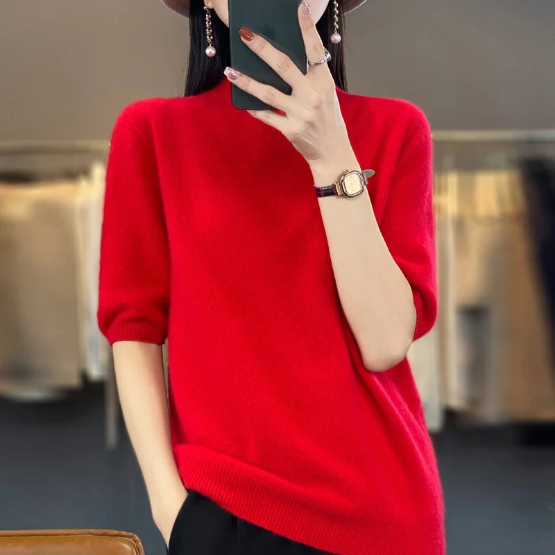 100% pure wool short sleeve summer new women's semi-high neck pullover blouse loose knit vest fashion T-shirt
