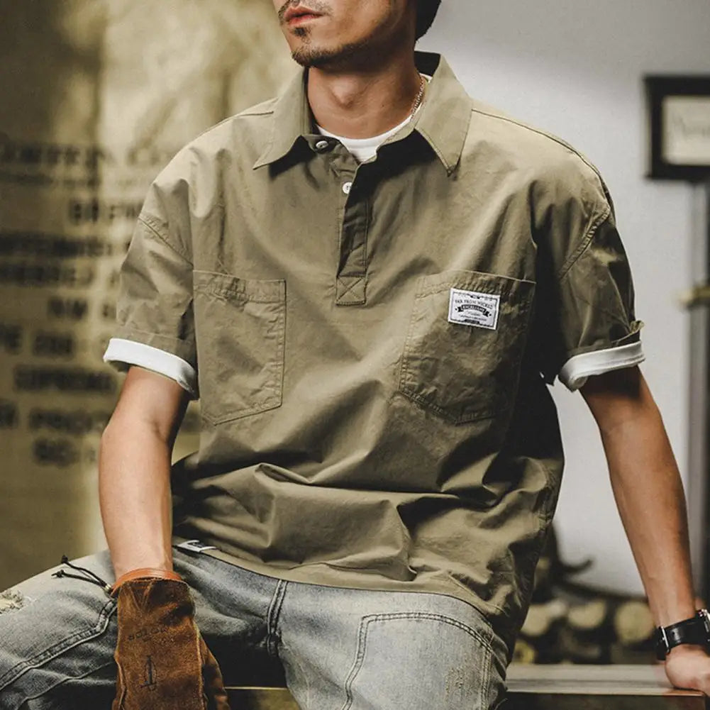 Man Shirts Summer Cargo Shirt American Retro Loose Short Sleeves Lapel Men Tops Work Shirt Multi Pockets Half Sleeve Casual Tops