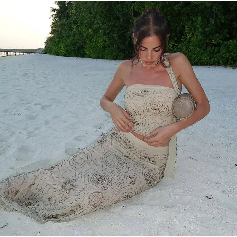 Sexy Beaded Halter Vest Long Skirt Sets Women Slim Backless Cropped Top Mermaid Skirts 2025 Summer Lady Beach Embroidery Outfits