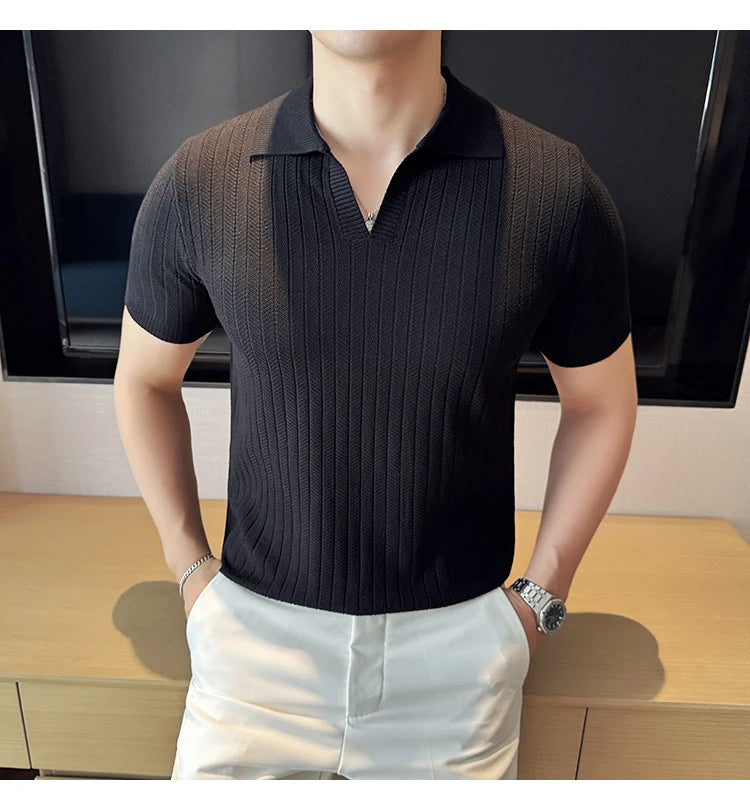Men Striped Polo Shirt 2025 Summer Light Thin Breathable Solid Casual Elastic Slim Fit Short Sleeved V-neck T-shirt Men Clothing