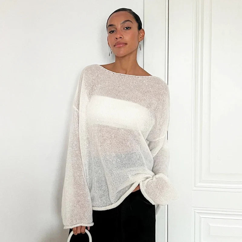 MSCSZ Red Long Sleeve Oversized Sweater Women Transparent Knitted Sweater 2025 Spring Autumn Cozy Sweaters Pullover Tops