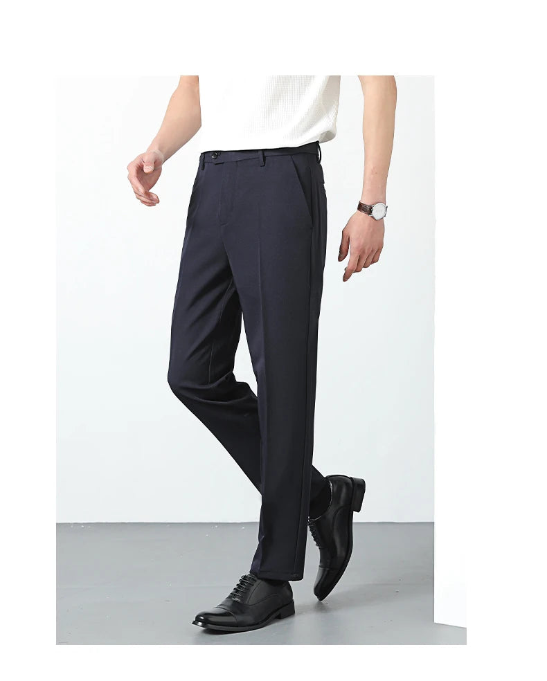 Spring Summer Suit Pants Men Business Smooth Slim Business Office Social Elastic Waist Ankle Length Formal Korean Trousers Male