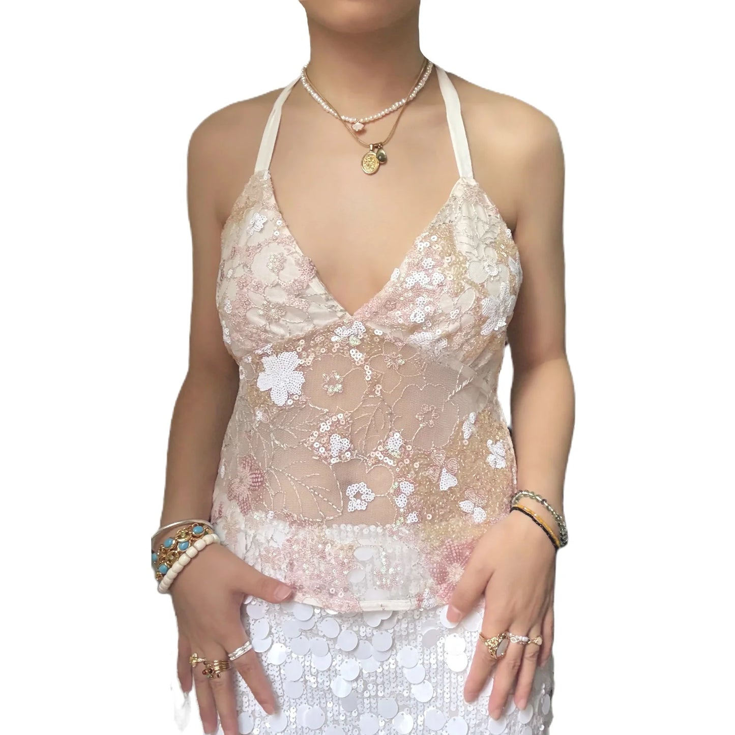 Sexy Deep V Neck Beach Tank Tops Women y2k Coquette Summer Sequins Patchwork Sleeveless Vest Vacation Backless Beach Tops