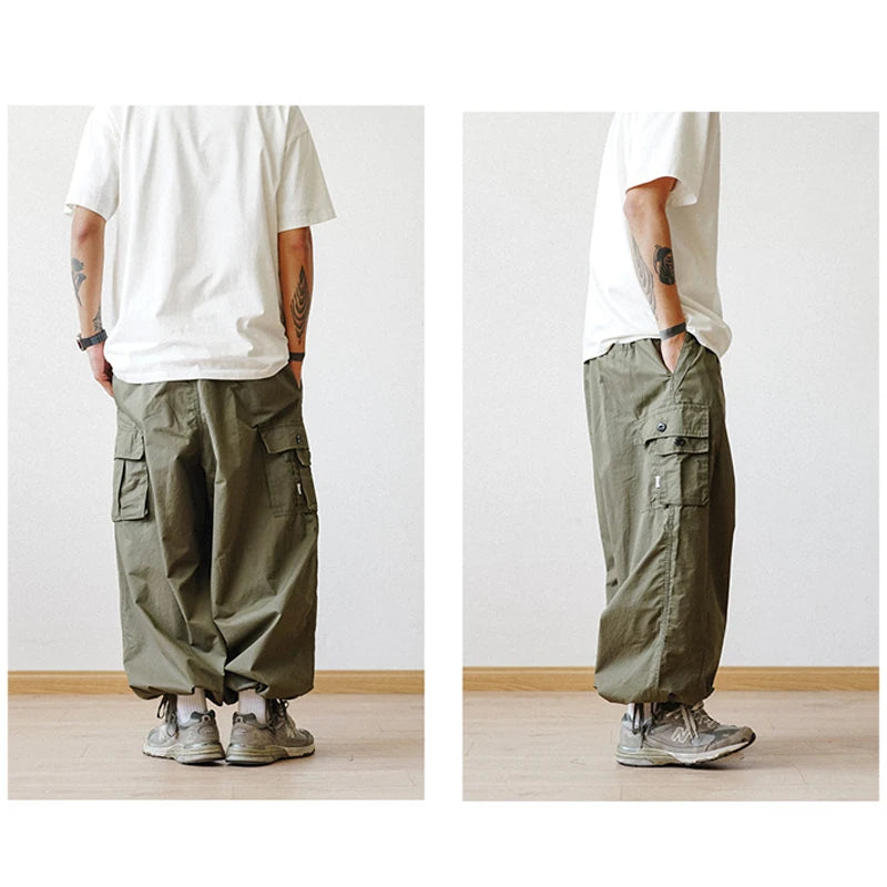 Multi-Pocket Cargo Pants Men's Casual Solid Straight Baggy Wide-leg Cropped Trousers Men Ankle-length Jogger Pants Harem Pants