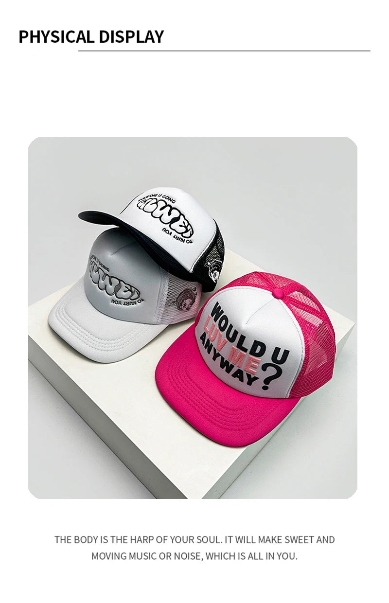New Unisex Color Block Printed Letter Embroidery Baseball Hats Hip Hop Breathable Mesh Sunshade Street Trucker Caps Versatile