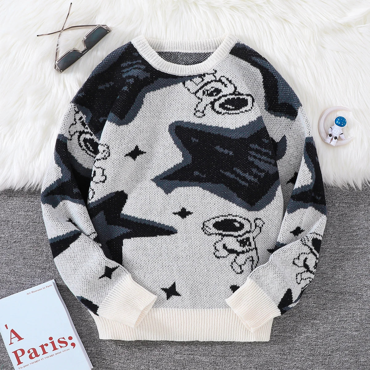 New Popular Spring & Fall Astronaut Star-Picking Jacquard Pattern Pullover Sweater Casual Round Neck Contrast Color Knitted Men'