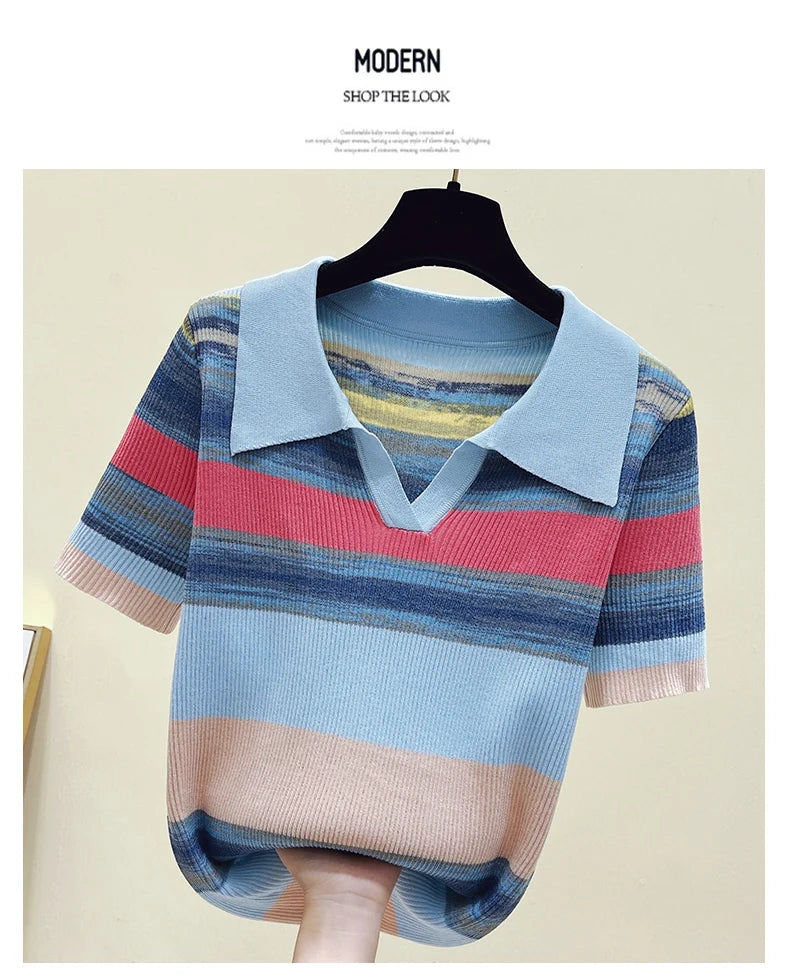 Summer Korean Knitted Tshirt Sweater For Women Rainbow Striped Stylish Fashion Loose Tops Shirt Short Sleeve Knitwear 2023