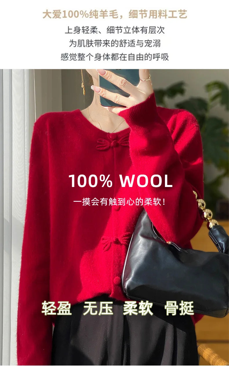 Women New Fashion Autumn Winter 100% Merino Wool Sweater O-neck Chinese Style Buckle Cardigan Soft Knitwear Female Clothing Tops