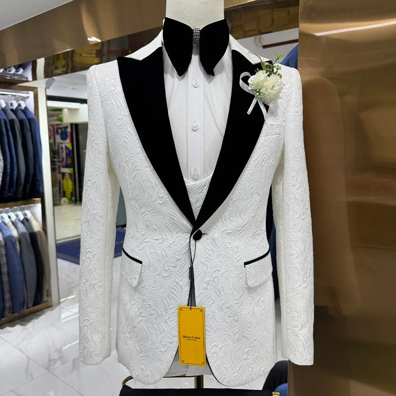 Thorndike Mens Wedding Suits White Jacquard with Black Satin Collar Tuxedo3 Pcs Groom Terno Suits for Men(Jacket+Vest+Pants)