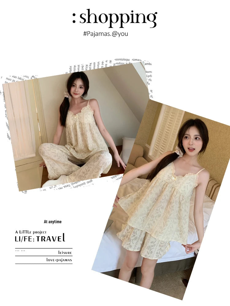3PCS/Set Women Summer V-neck Pajamas Suspender Sleeveless Shorts Pants Ladies Vintage Fragmentary Homewear Breathable Clothes