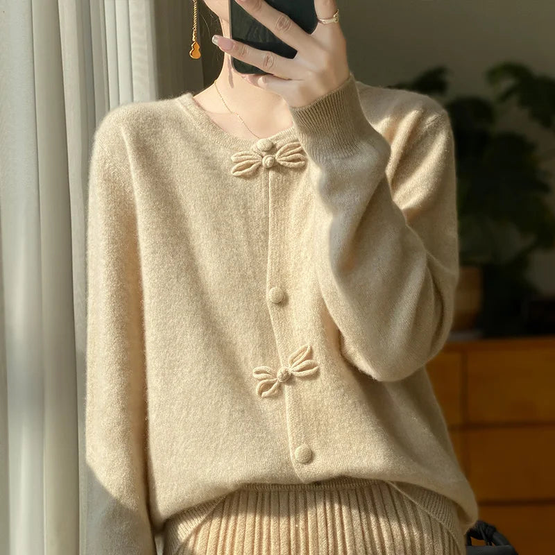 Women New Fashion Autumn Winter 100% Merino Wool Sweater O-neck Chinese Style Buckle Cardigan Soft Knitwear Female Clothing Tops