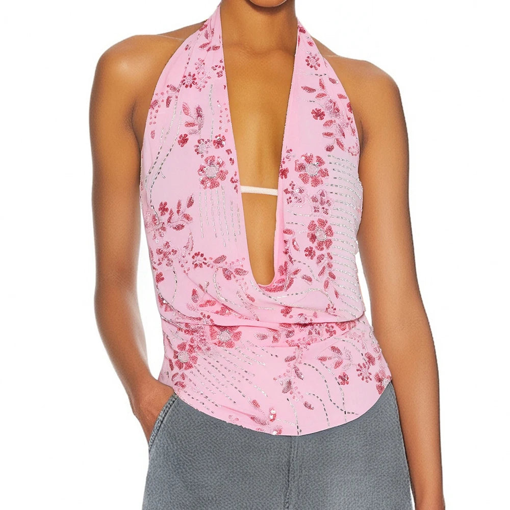 Sexy Deep V Neck Beach Tank Tops Women y2k Coquette Summer Sequins Patchwork Sleeveless Vest Vacation Backless Beach Tops