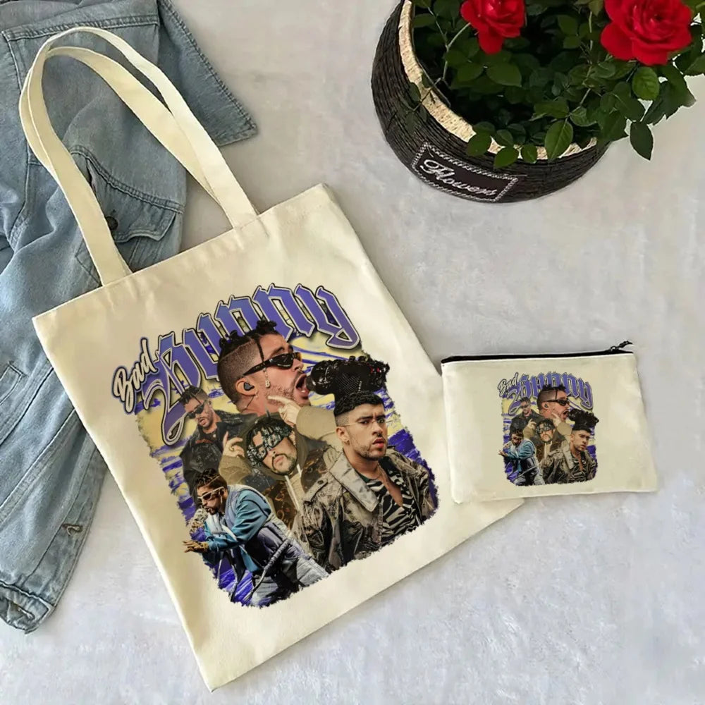 Un Verano Sin Ti Gift Bag Set, Bad Bunny Print Tote Bag, Casual Canvas Shoulder Bag with Mini Storage Bag
