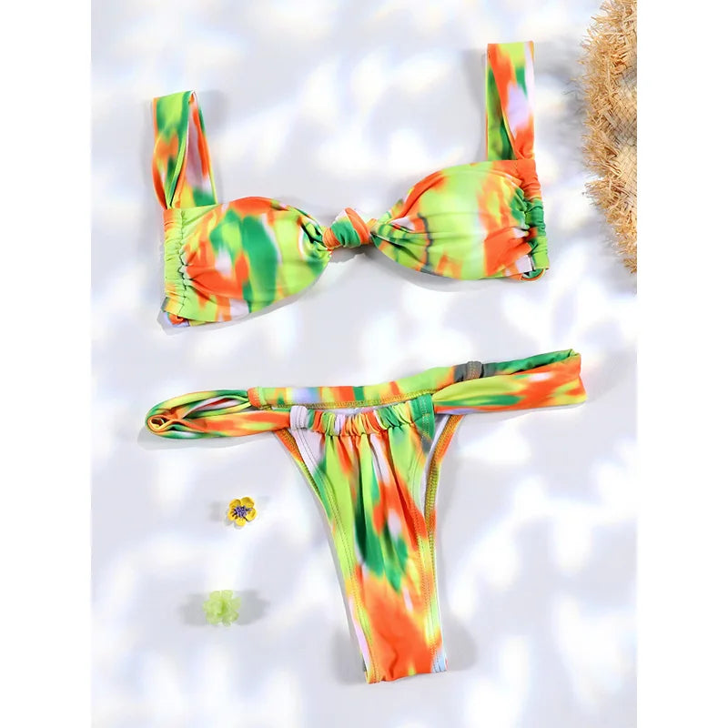 Plaid Print Bikinis Bow Swimwear Women Swimsuit Triangle Bikini Set Bandage Bath Suit Low Waist Thong Beachwear New Biquini