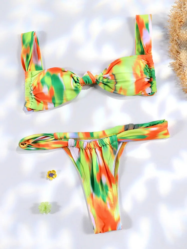 Plaid Print Bikinis Bow Swimwear Women Swimsuit Triangle Bikini Set Bandage Bath Suit Low Waist Thong Beachwear New Biquini