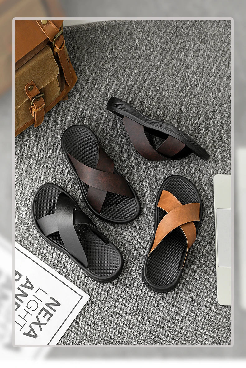 Mens Leather Slippers Comfortable Breathable Summer Big Size Sandals for Men with Soft Sole