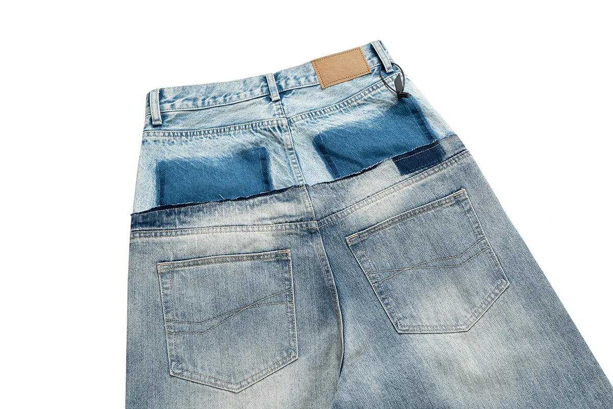 CUT-UP Double-layer Double Waist Patchwork Baggy Jeans for Men and Women Straight Casual Loose Denim Trousers Oversized