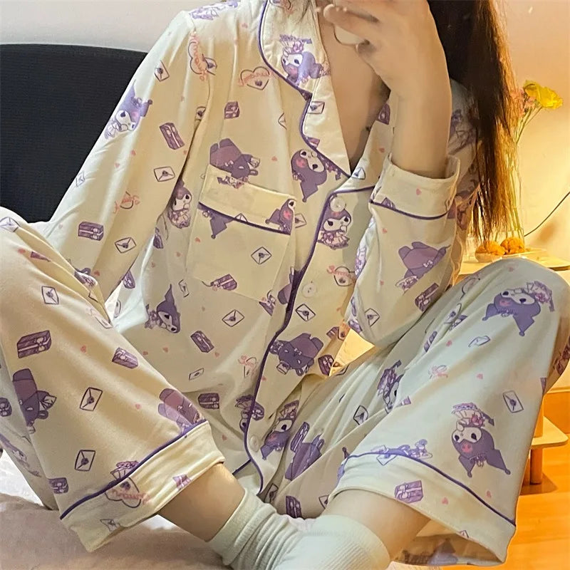 Sanrio Kuromi Hello Kitty Melody Pajamas for Women Kawaii Cartoon Loose Sleepwear Pajamas Sets Short Clothes Christmas Gift