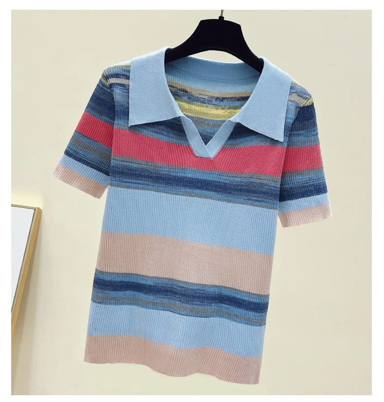 Summer Korean Knitted Tshirt Sweater For Women Rainbow Striped Stylish Fashion Loose Tops Shirt Short Sleeve Knitwear 2023
