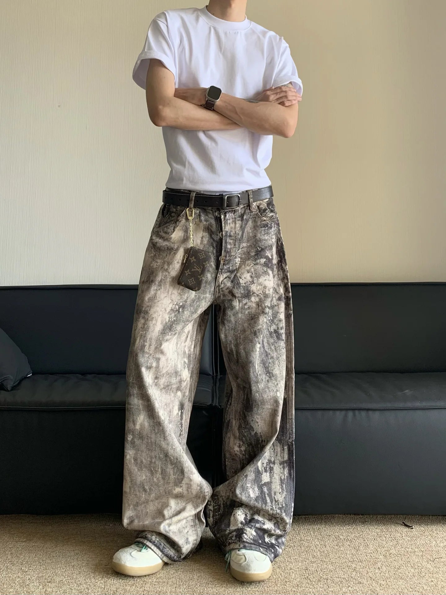 Jeans Men Floor Length Pant Denim Pants Camouflage Print Loose Casual Straight Trousers Pocket Splice Autumn Winter 2024