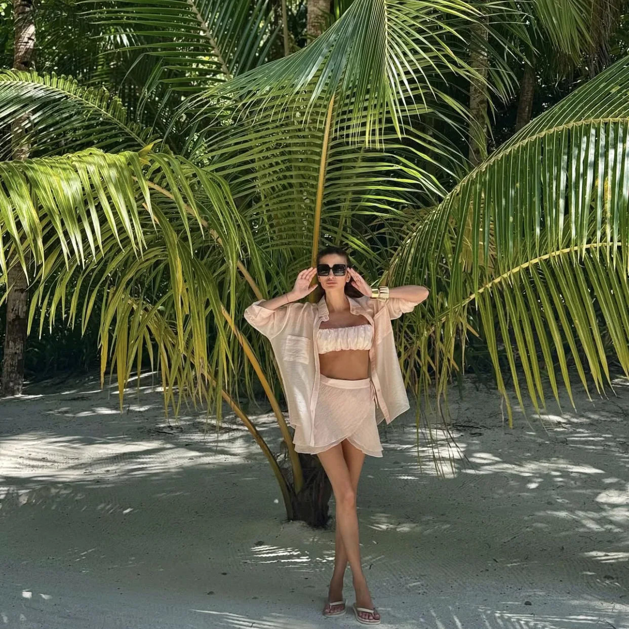 Casual 2 Piece-Set Summer Female Cover up And Ruffled Mini Skirt Lace-Up Beach Holiday See-Through Loose Women's Outfits